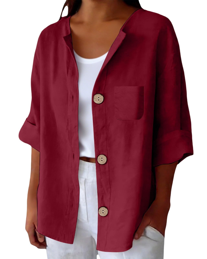 Claire Blouse Femme – Lin Col Rond Manches 3/4 Boutonnée & Poche