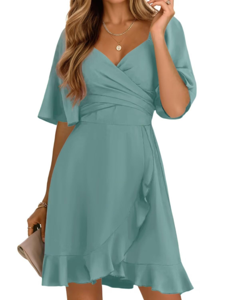 Lysiane Women’s Wrap Dress – Short V-Neck Dress with Smocked Waist and Ruffles