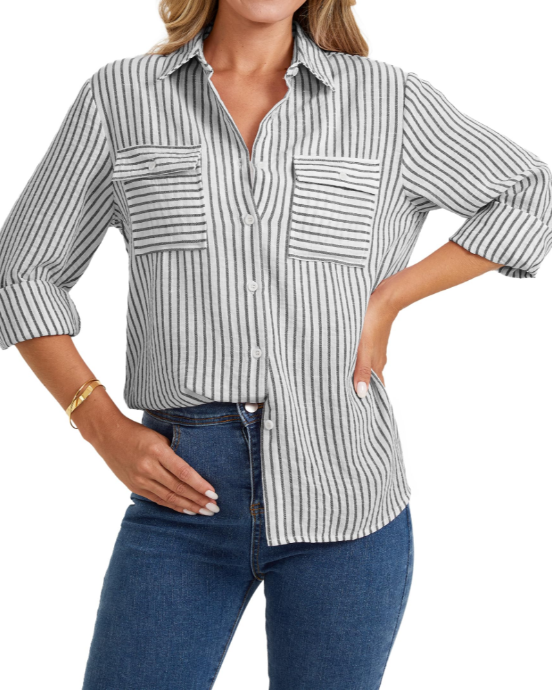 Nora Chemise Femme – Lin Coton Rayée Col V Manches Longues & Poches