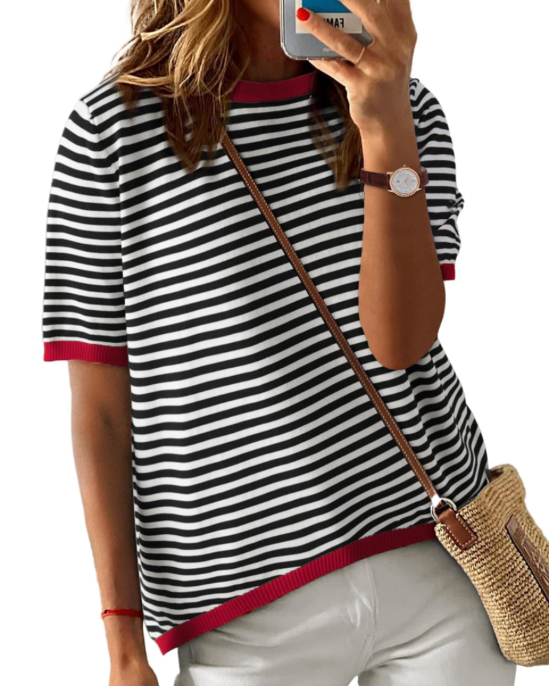Charlotte Haut Maille Rayé Femme – T-Shirt Col Rond Léger à Manches Courtes