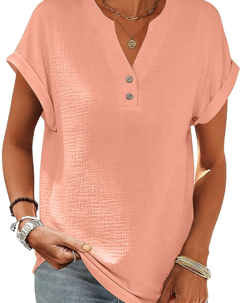 Olivia Blouse Femme Été – Lin Coton Col V Boutonnée Manches Courtes