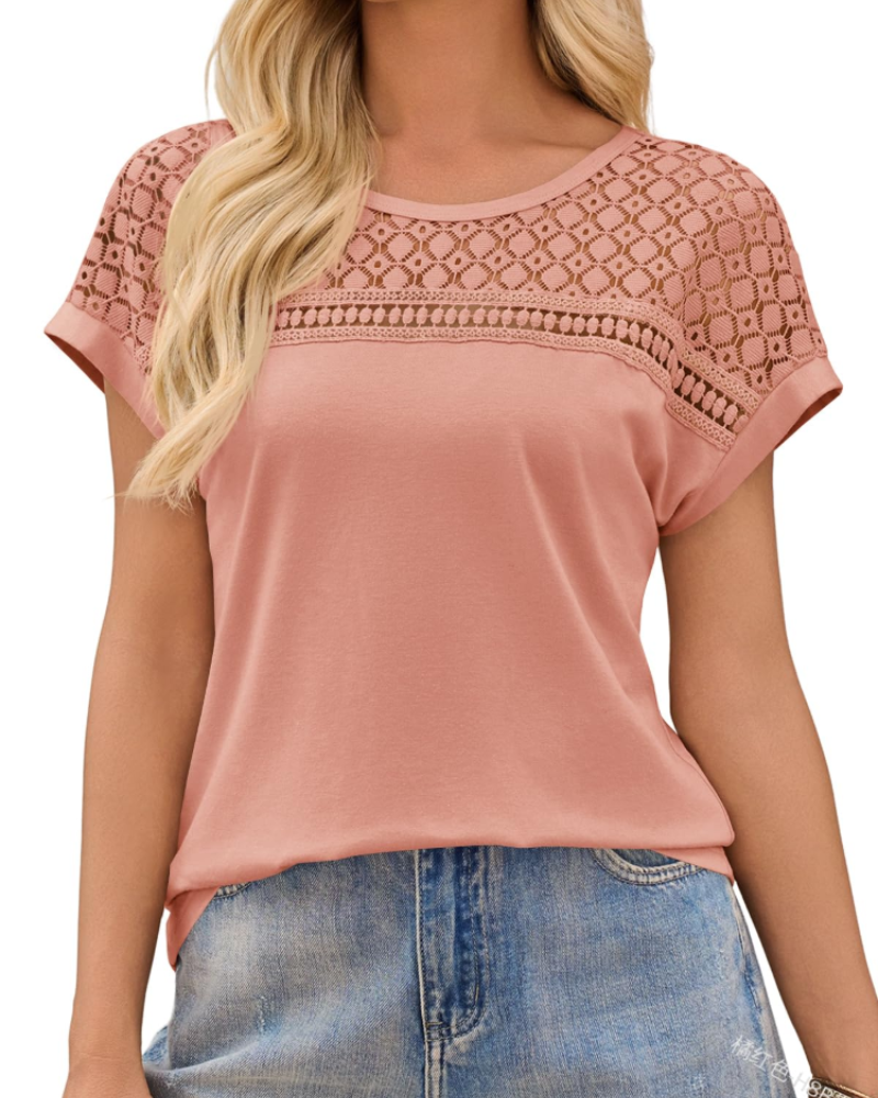 Natalia Spitzenbluse für Damen – Elegante Bluse mit Rundhalsausschnitt und kurzen Ärmeln