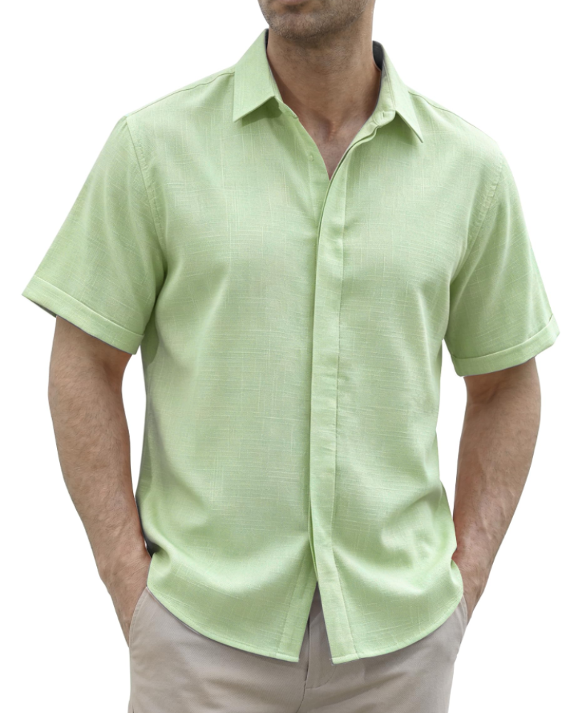 Asher Chemise Homme en Lin – Chemise Manches Courtes à Boutons Cachés