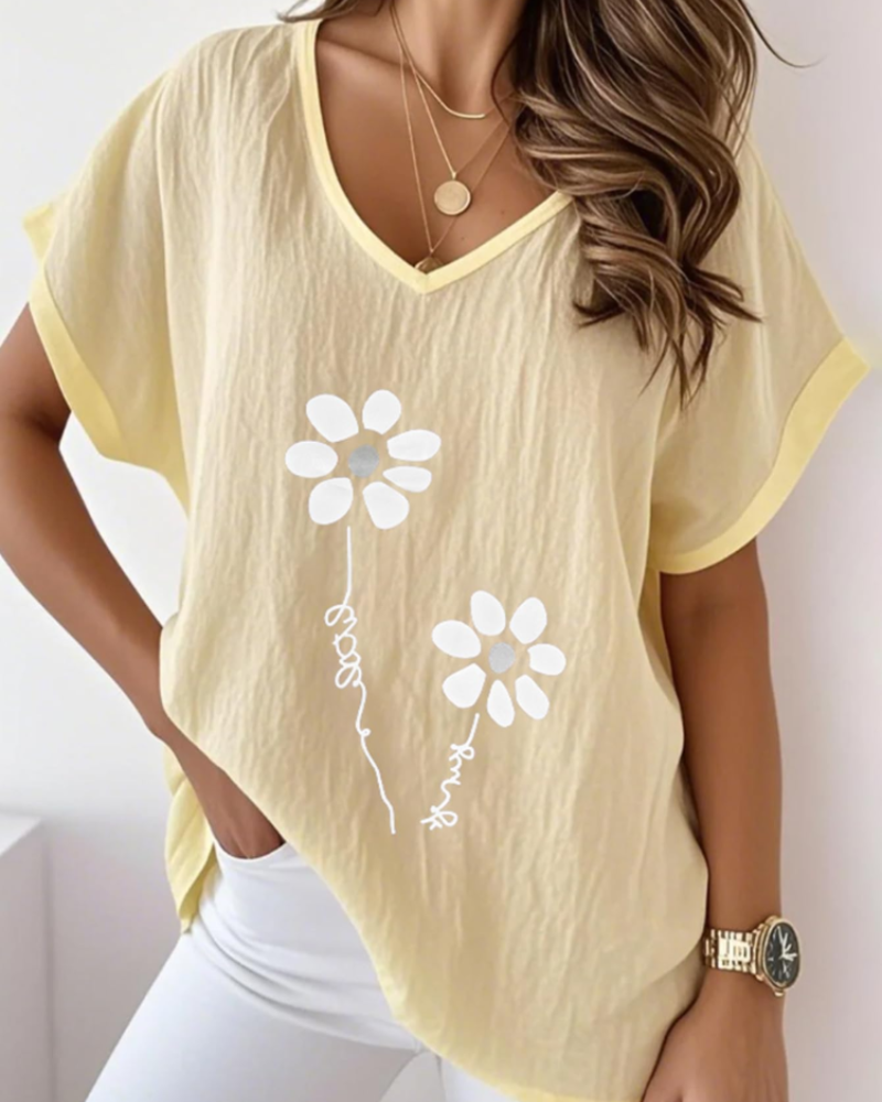 Bellina Women's Floral Shirt – Summer Loose Fit V-Neck Daisy Print Blouse