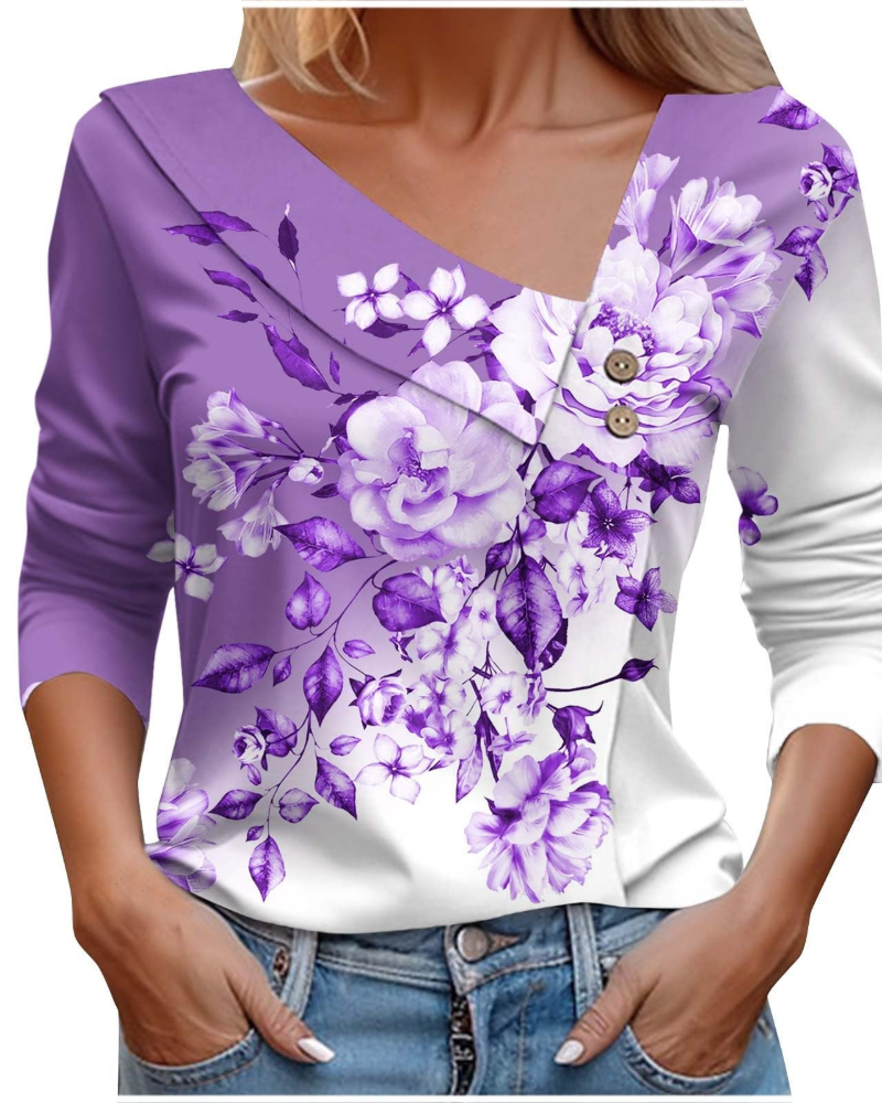 Emily T-Shirt Femme Été – Col V Imprimé Manches Longues Léger