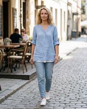 Josefa halenka pro ženy z bavlny a lnu – vrchní díl s výstřihem do V, knoflíky a 3/4 rukávy