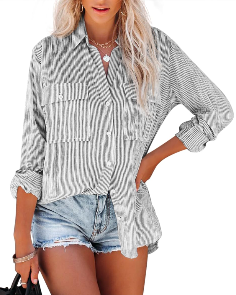 Mila Blouse Femme – Rayée Coton Col V Boutonnée Manches Longues
