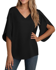 Lucy Bluse Damen – V-Ausschnitt Chiffon mit 3/4-Ärmeln und Schlitzen