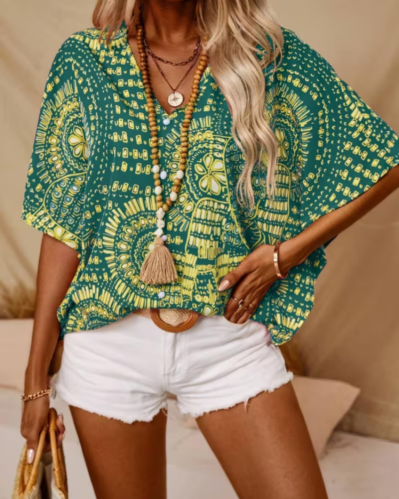 Benicia Dámská tunika Oversize – Boho halenka s výstřihem do V a etnickým potiskem