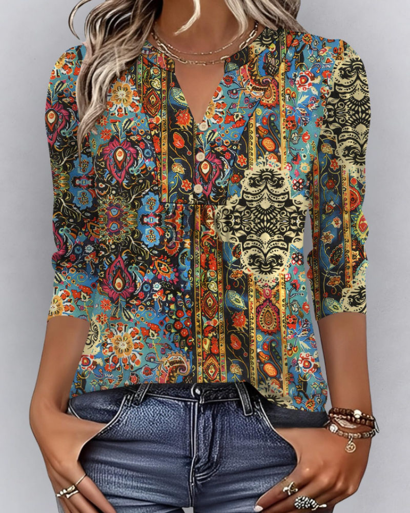 Hailey Chemisier Bohemia Mujer – Blusa con Cuello en V Plisada y Mangas 3/4