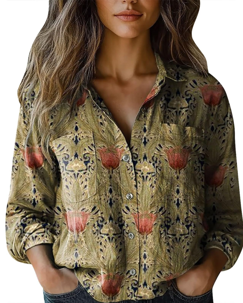 Amelia Blouse Femme Été – Lin Fleuri Col V Boutonnée Manches Longues