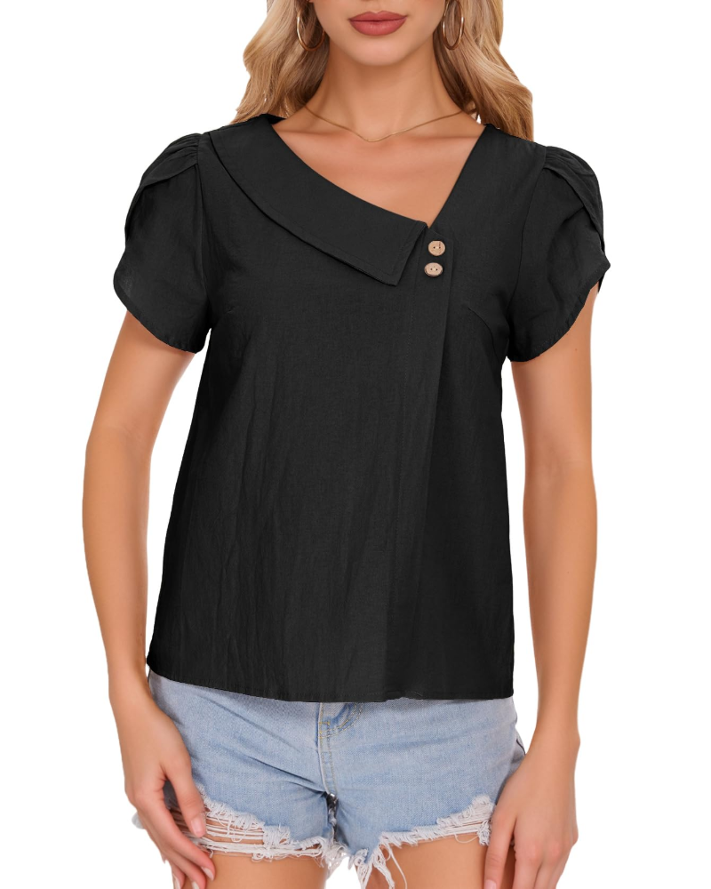 Lily Blouse Femme Été – Coton Col V Manches Pétales Boutonnée