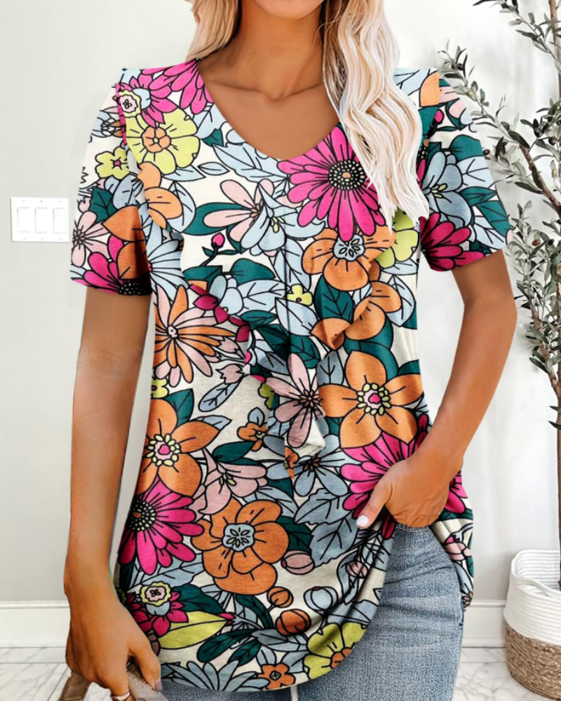 Brinna Tunique Maille Femme – Blouse Col V Plissée avec Boutons Manches Courtes