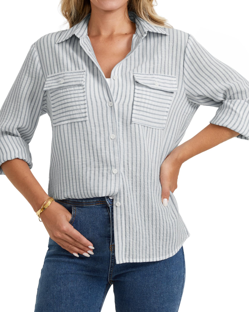 Nora Chemise Femme – Lin Coton Rayée Col V Manches Longues & Poches