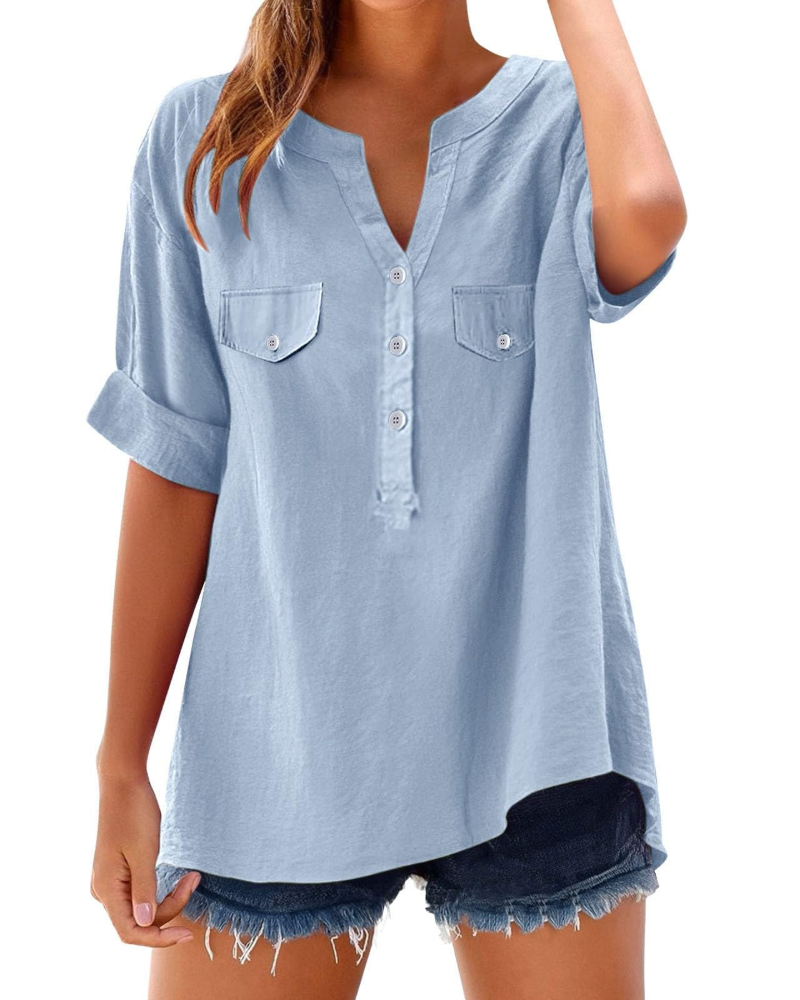 Emma Bluse Damen Sommer – Leinen Baumwolle V-Ausschnitt Oversize mit Knöpfen