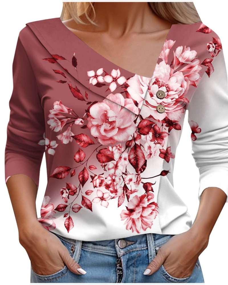Emily T-Shirt Femme Été – Col V Imprimé Manches Longues Léger