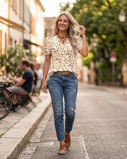 Margot Blusa de Mujer con Mangas Abullonadas – Cuello en V Alto en Punto Ligero