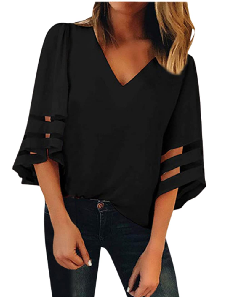 Ghia Damen Sommerbluse – V-Ausschnitt, Glockenärmel 3/4, Eleganter Strick