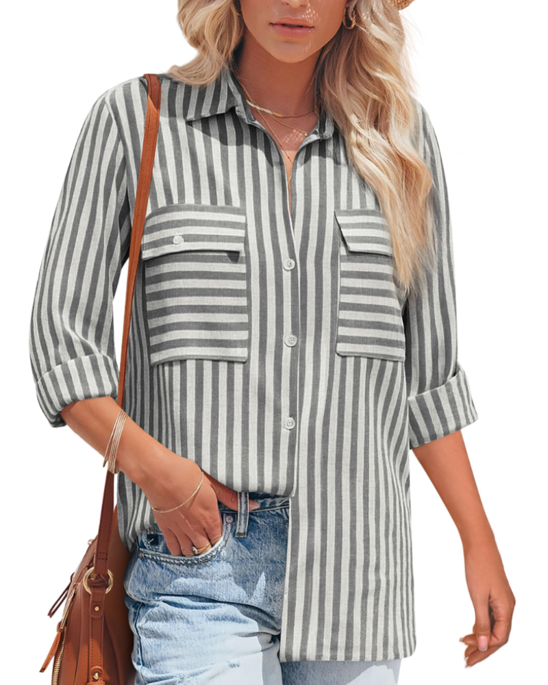 Mila Blouse Femme – Rayée Coton Col V Boutonnée Manches Longues