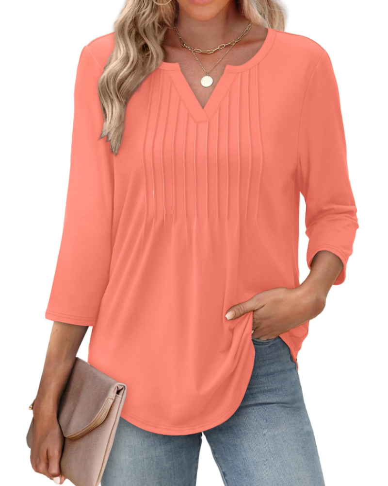 Camille Chemisier Femme Col V – Blouse Plissée à Manches 3/4 Élégante