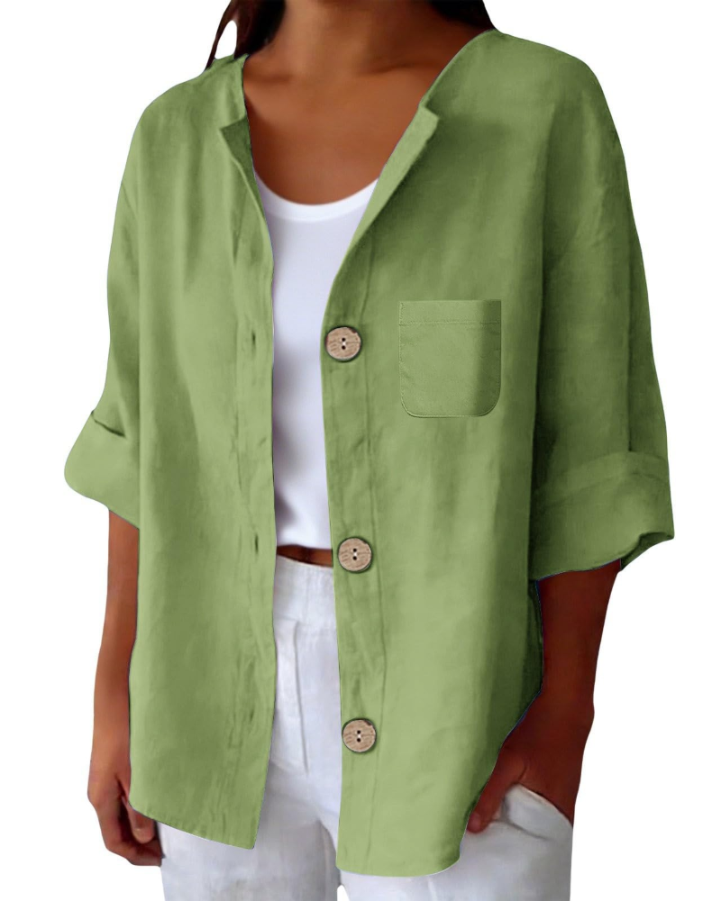 Claire Blouse Femme – Lin Col Rond Manches 3/4 Boutonnée & Poche