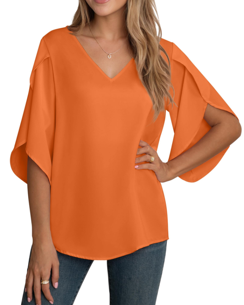 Lucy Bluse Damen – V-Ausschnitt Chiffon mit 3/4-Ärmeln und Schlitzen