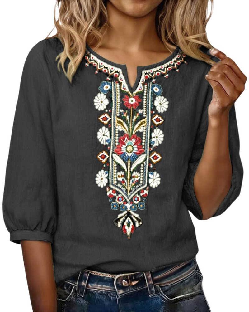 Sarah Blouse Femme Été – Lin Coton Broderie Florale Col V