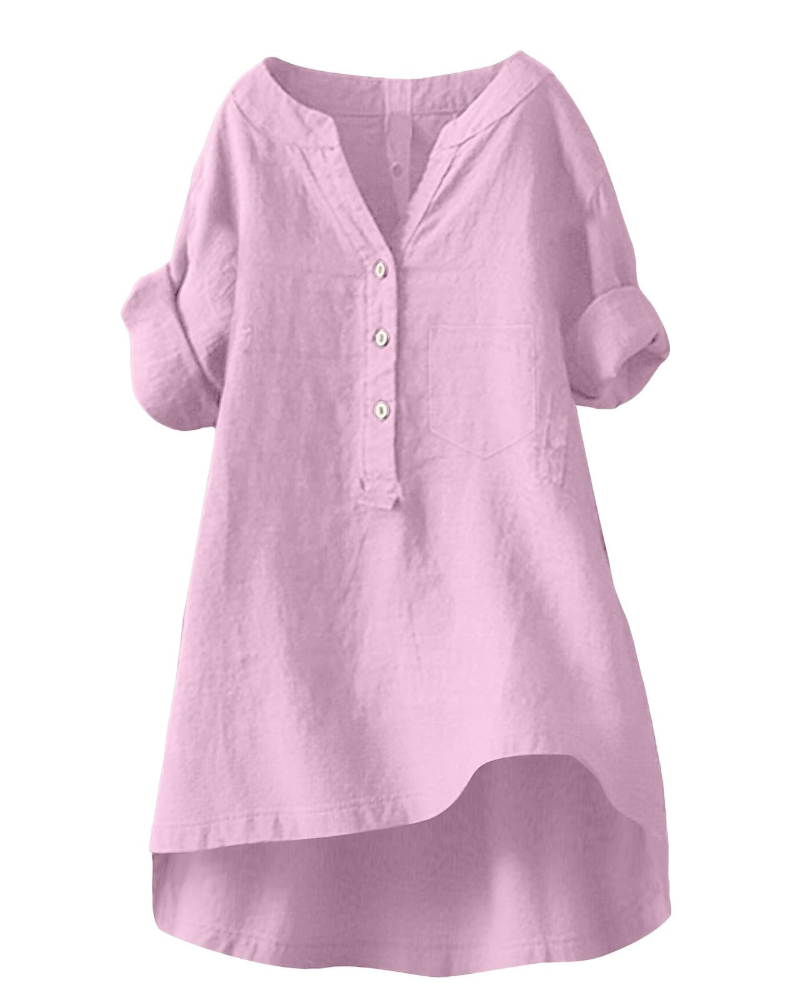 Esla Blouse Femme Été – Lin Coton Col V Boutonnée Grande Taille