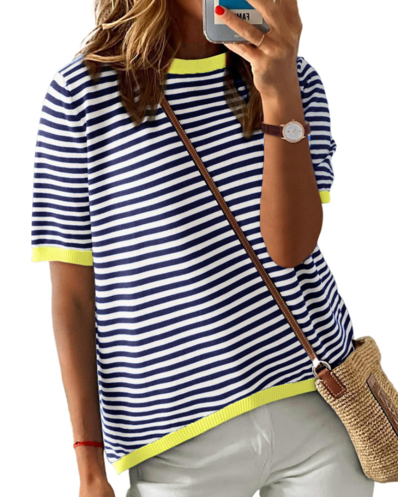 Charlotte Haut Maille Rayé Femme – T-Shirt Col Rond Léger à Manches Courtes
