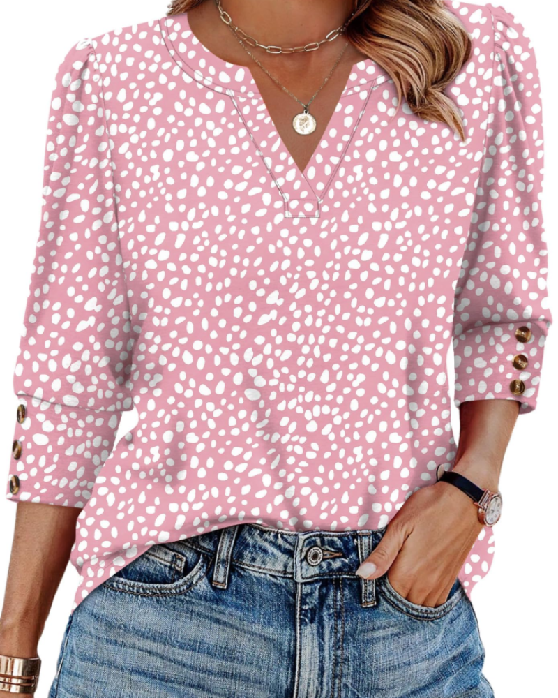 Damenbluse Claire mit V-Ausschnitt – Elegante 3/4-Ärmel & Knopfdetails