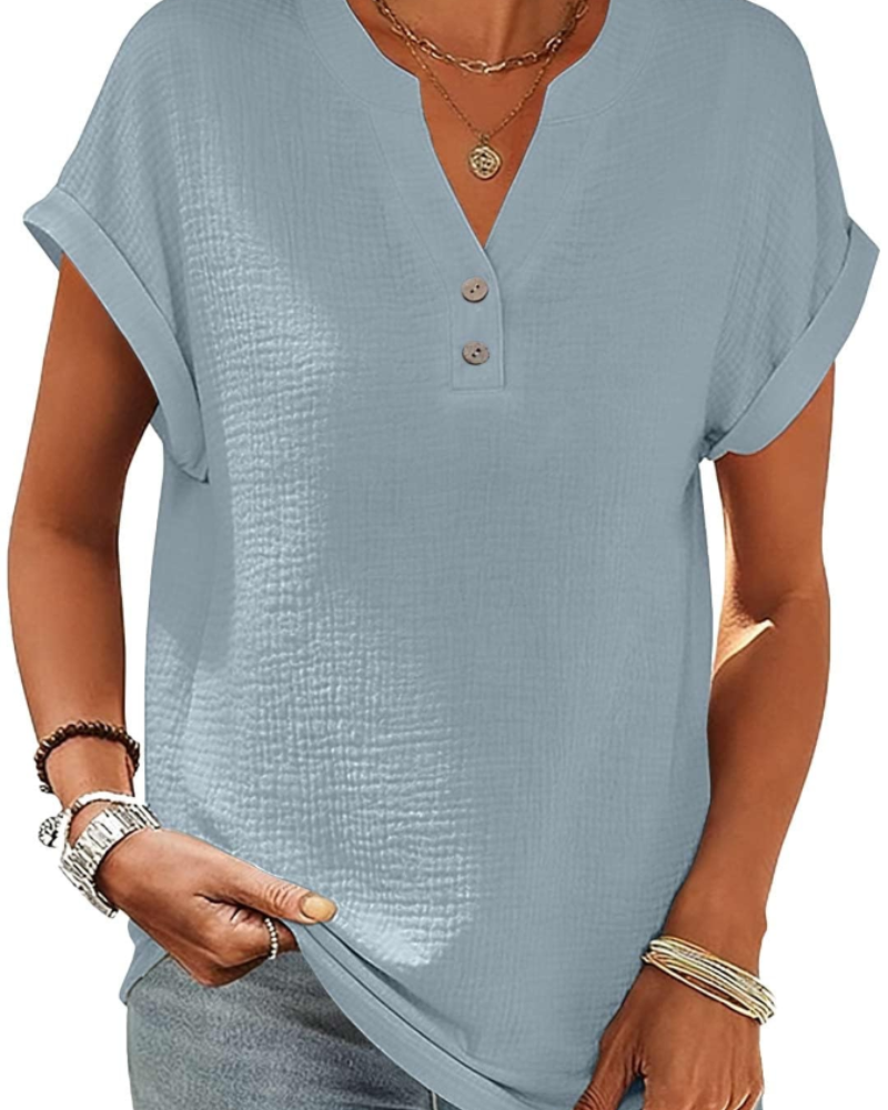 Olivia Blouse Femme Été – Lin Coton Col V Boutonnée Manches Courtes