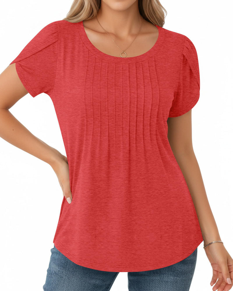 Camisa Fedora Plisada para Mujer – Blusa con Cuello Redondo y Mangas de Pétalo Elegante