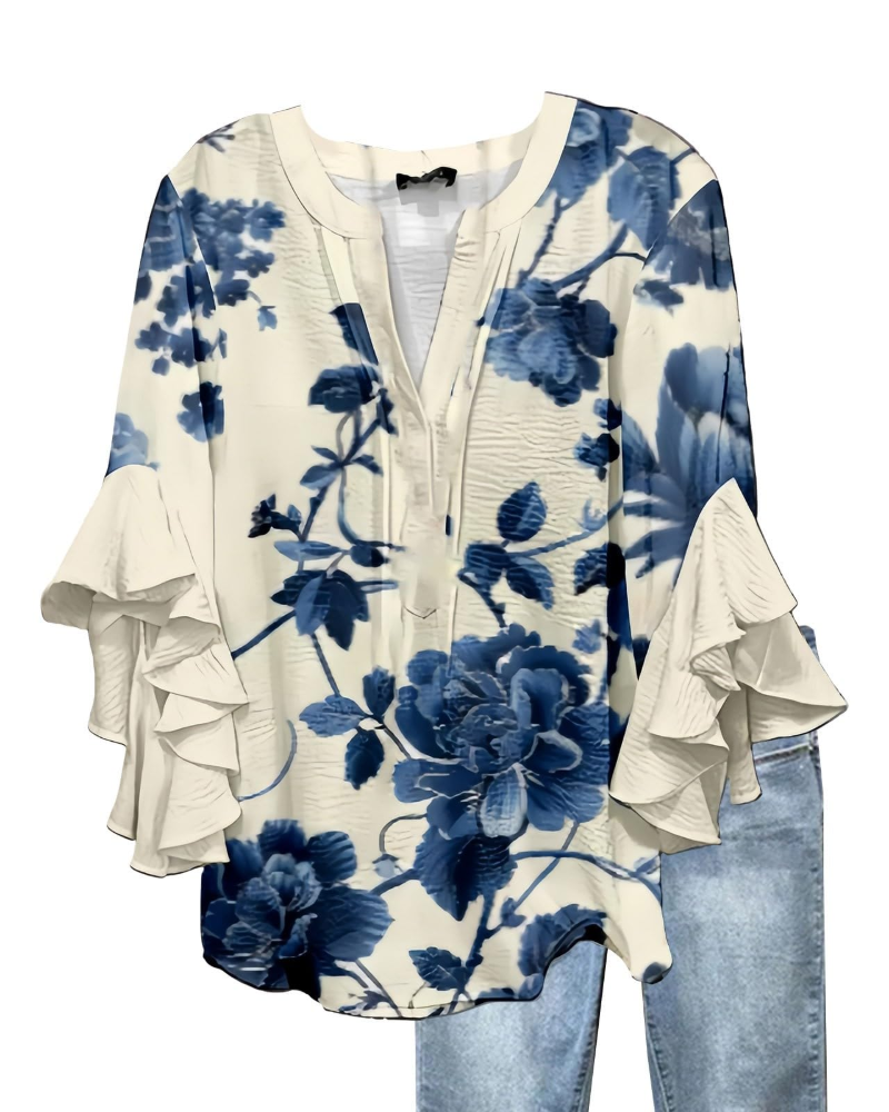 Avac Blouse Femme – Col V Manches 3/4 à Volants Grande Taille