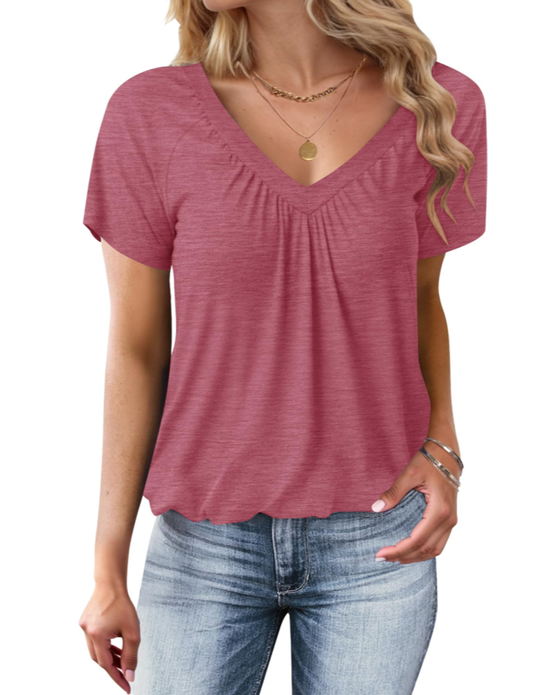 Lana Damen T-Shirt Sommer – V-Ausschnitt Kurzarm Ballsaum