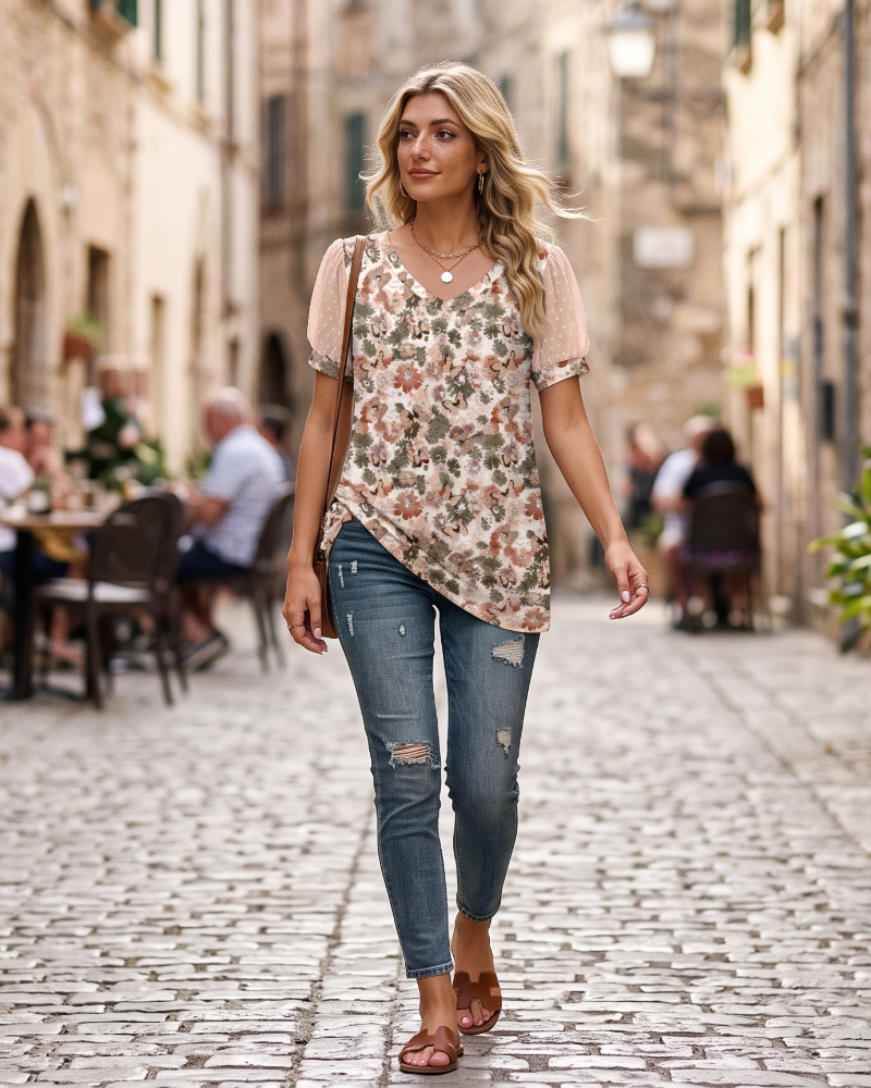 Lily női blúz V-nyakkal – elegáns pöttyös blúz fodros ujjakkal