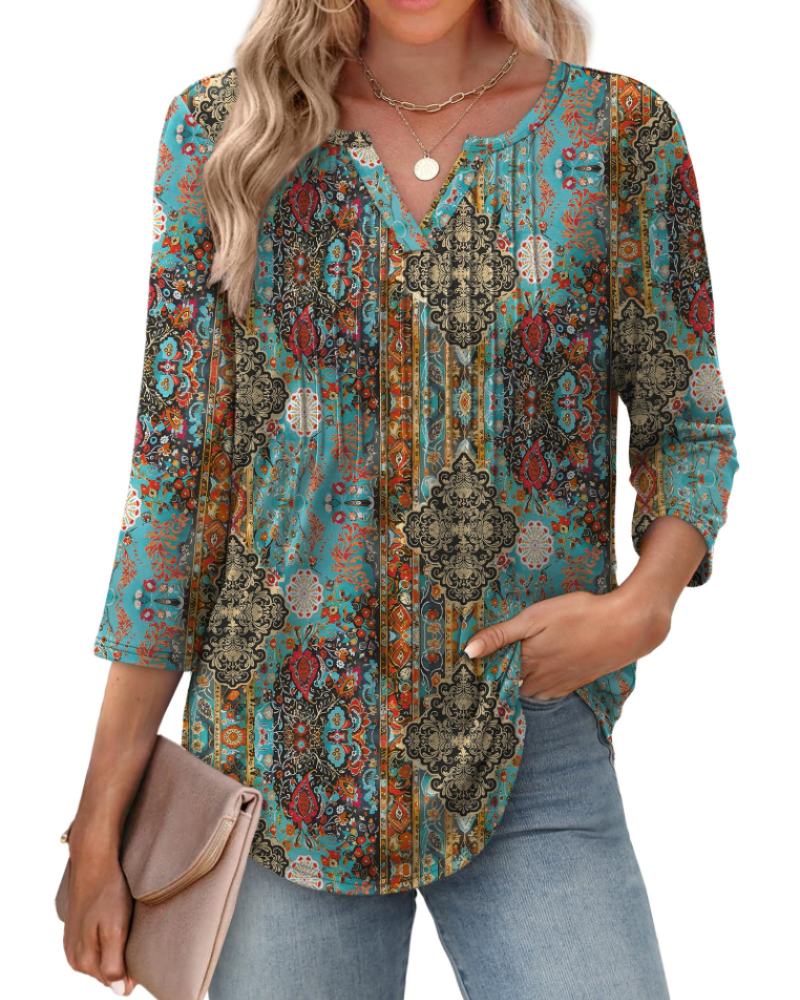 Camille Chemisier Femme Col V – Blouse Plissée à Manches 3/4 Élégante