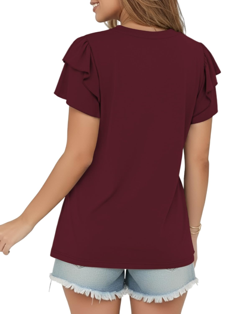 Γυναικείο T-Shirt Adele Καλοκαίρι – V Λαιμόκοψη Ασύμμετρα Κοντά Μανίκια