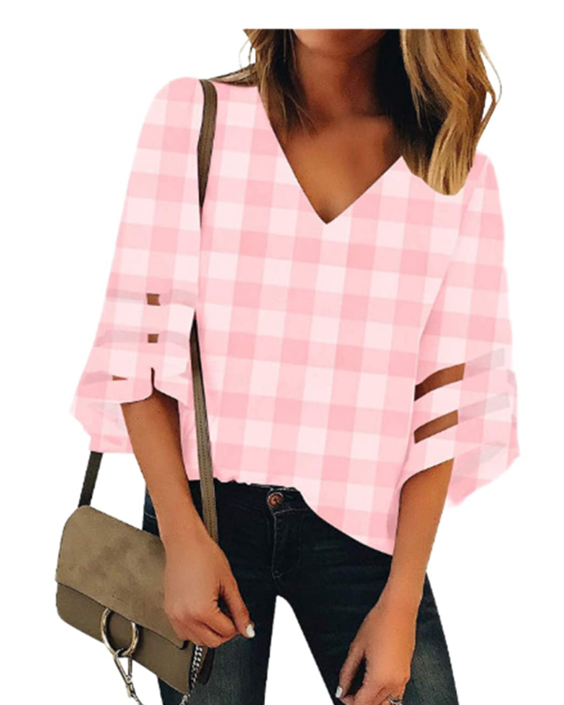 Ghia Damen Sommerbluse – V-Ausschnitt, Glockenärmel 3/4, Eleganter Strick