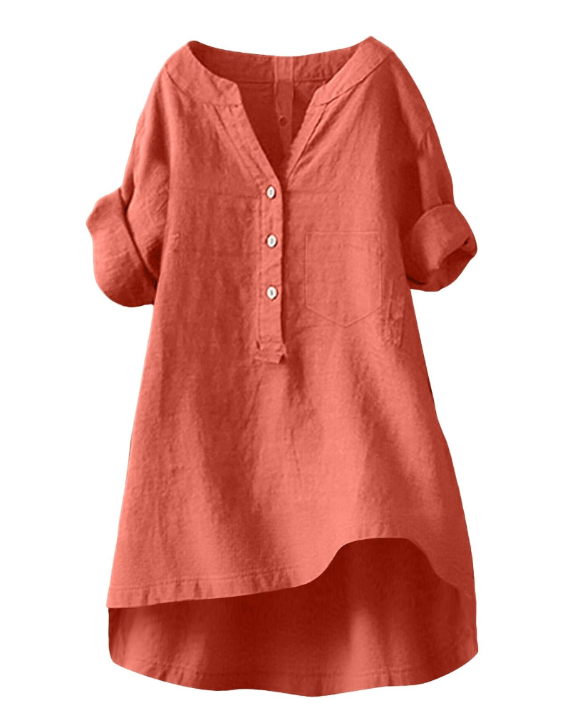 Esla Blouse Femme Été – Lin Coton Col V Boutonnée Grande Taille