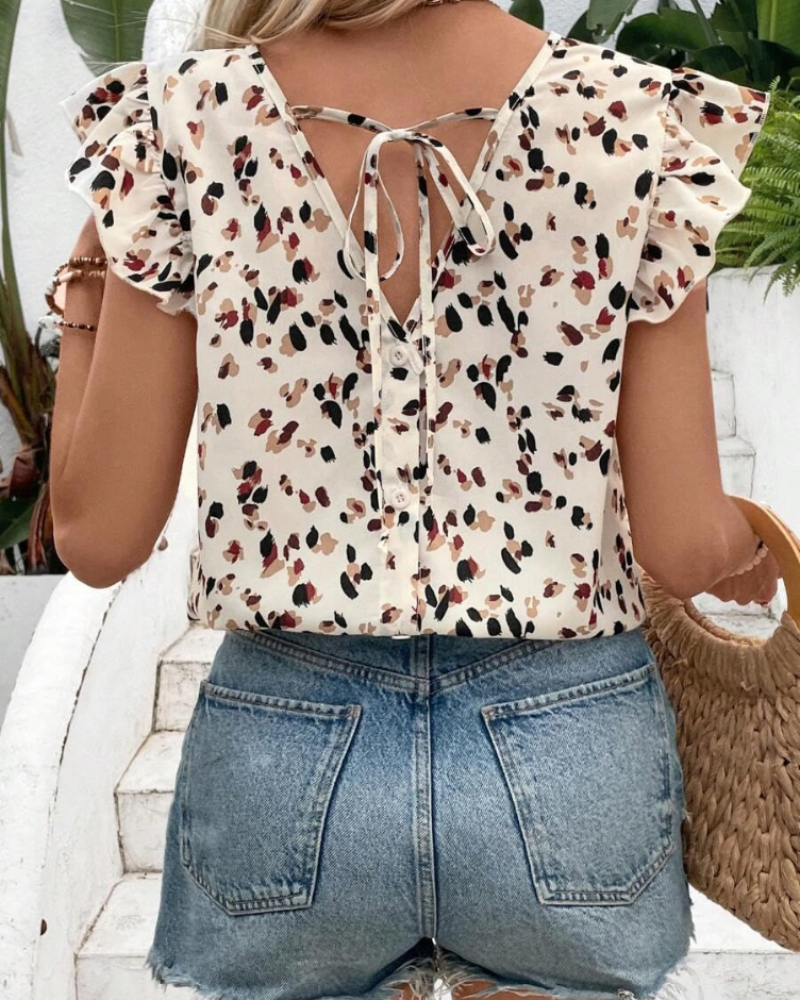 Blusa de mujer Freesia con borde festoneado – Blusa con cuello en V y volantes, mangas abullonadas