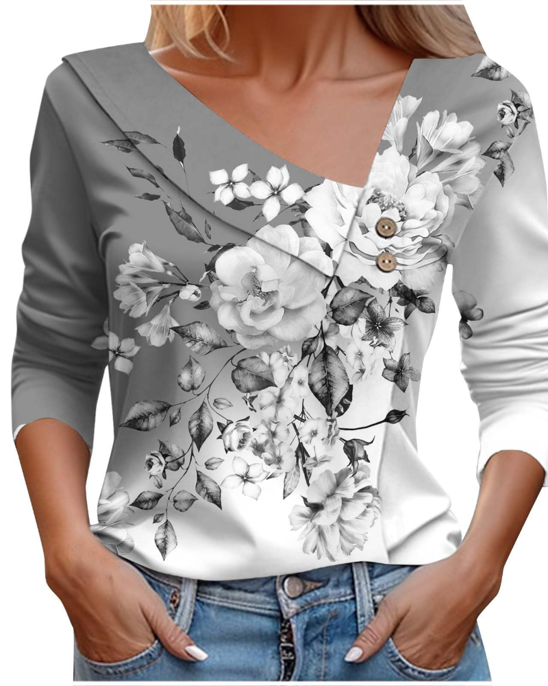Emily T-Shirt Femme Été – Col V Imprimé Manches Longues Léger