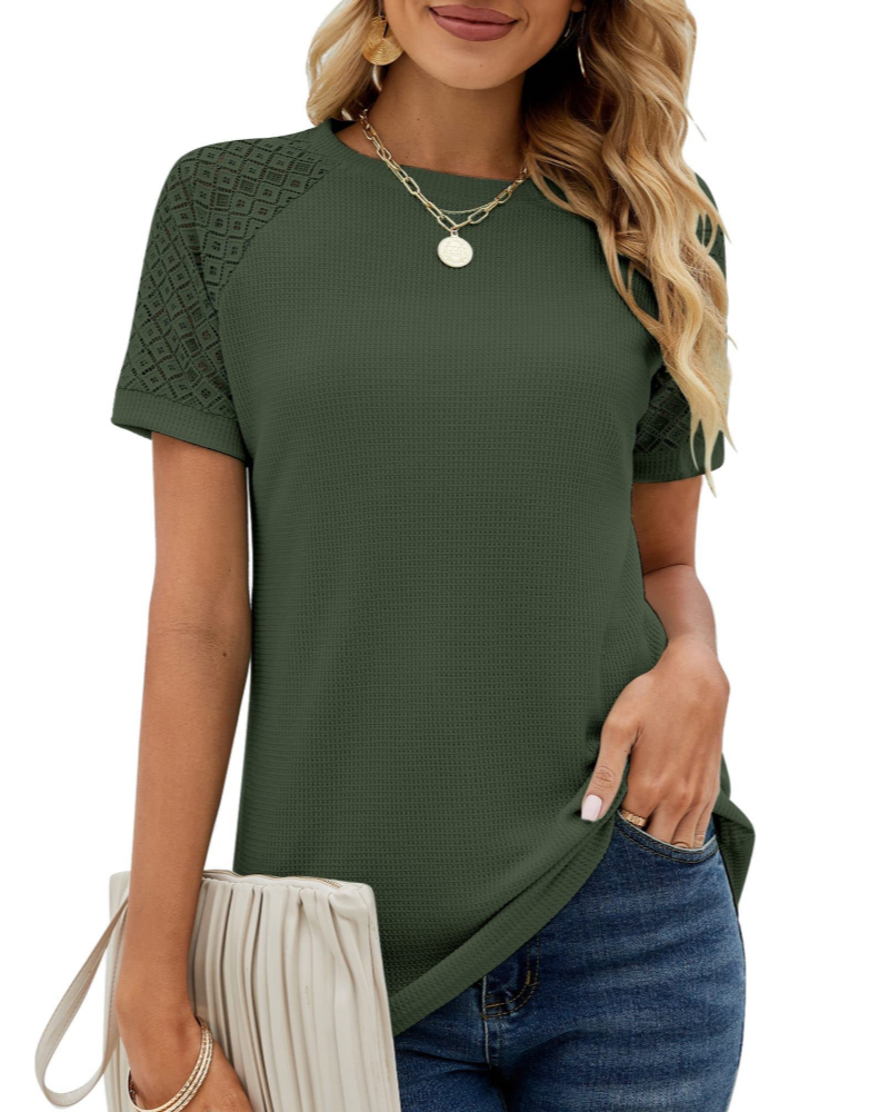 Lace Women's T-Shirt – High Round Neck, Short Sleeves, Loose Fit, Elegant Style