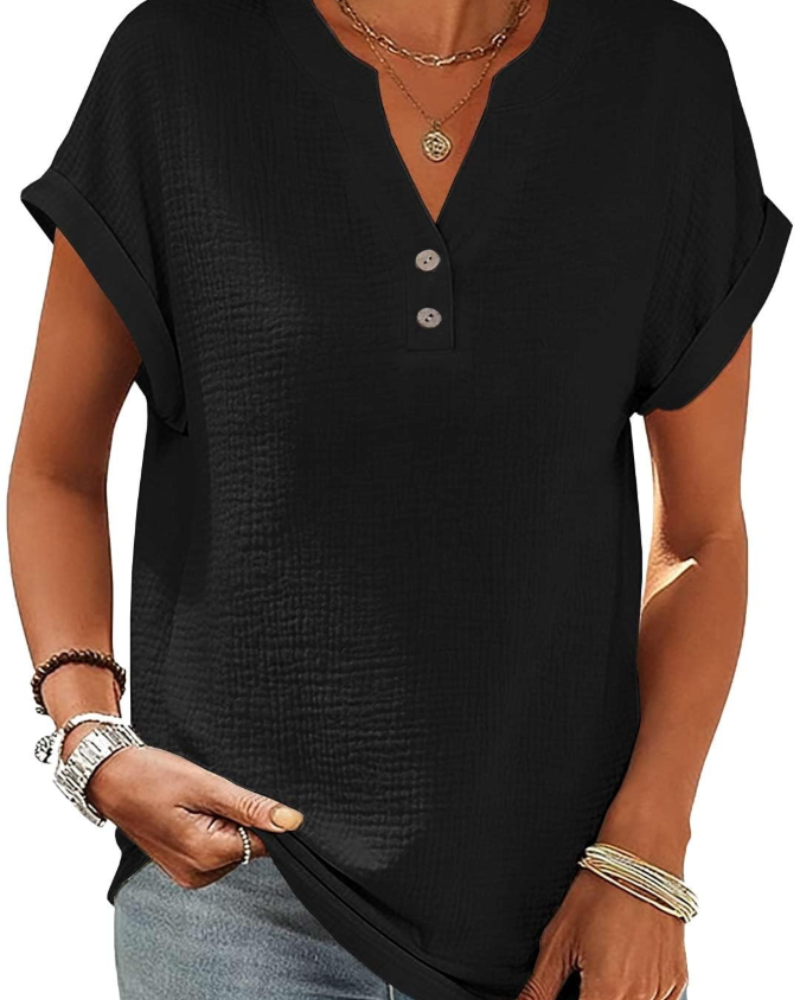 Olivia Blouse Femme Été – Lin Coton Col V Boutonnée Manches Courtes