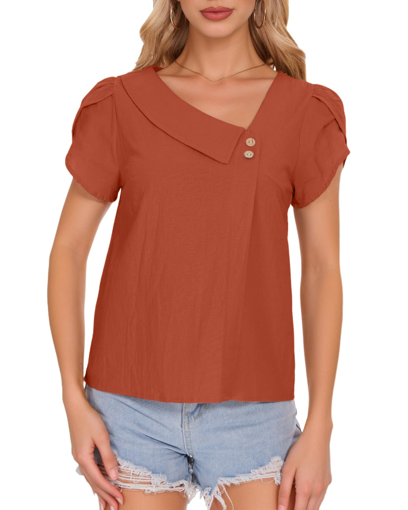 Lily Blouse Femme Été – Coton Col V Manches Pétales Boutonnée