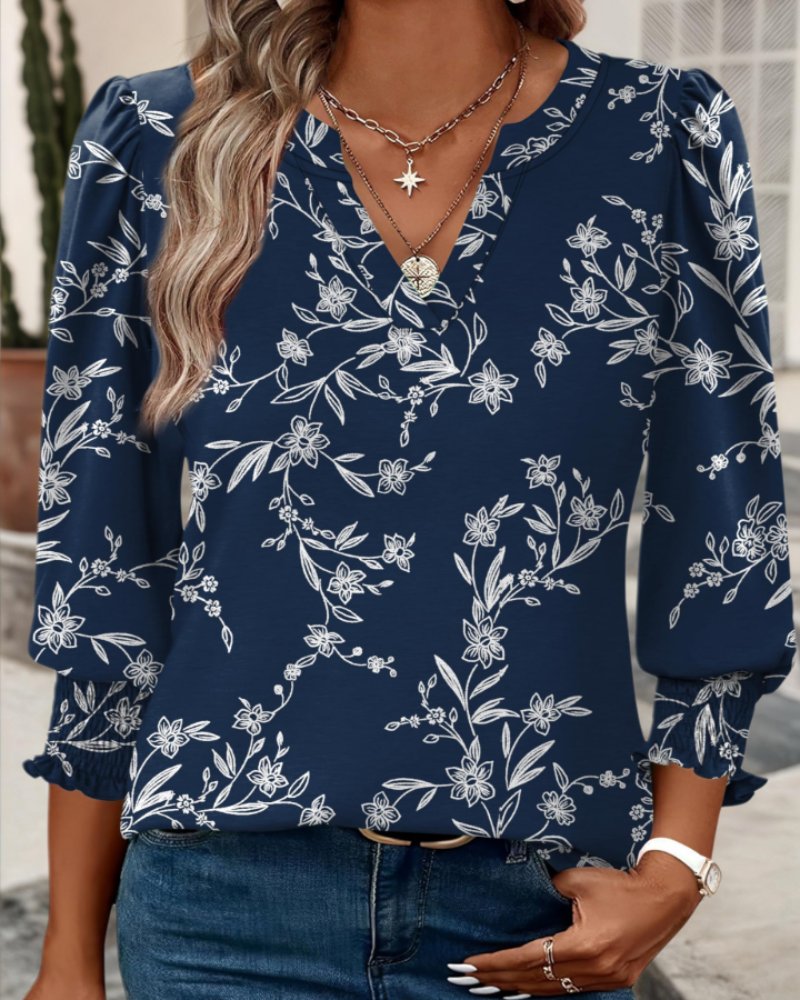 Audrey Damenbluse mit V-Ausschnitt – Elegante Bluse mit 3/4-Ärmeln und gerafften Manschetten
