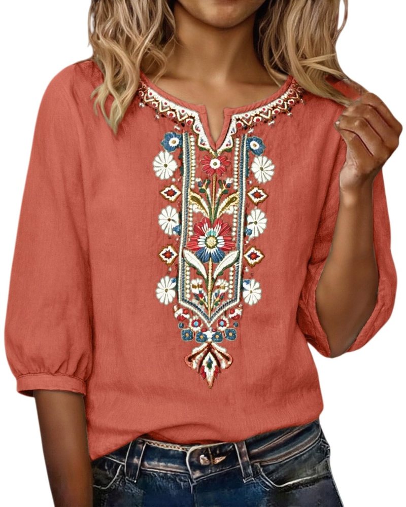Sarah Blouse Femme Été – Lin Coton Broderie Florale Col V