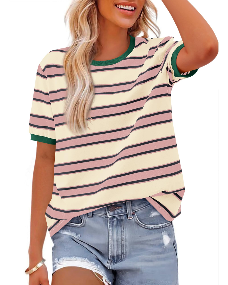 T-shirt Donna Aurora a Righe – Maglia Casual a Maniche Corte con Collo Rotondo e Color Block