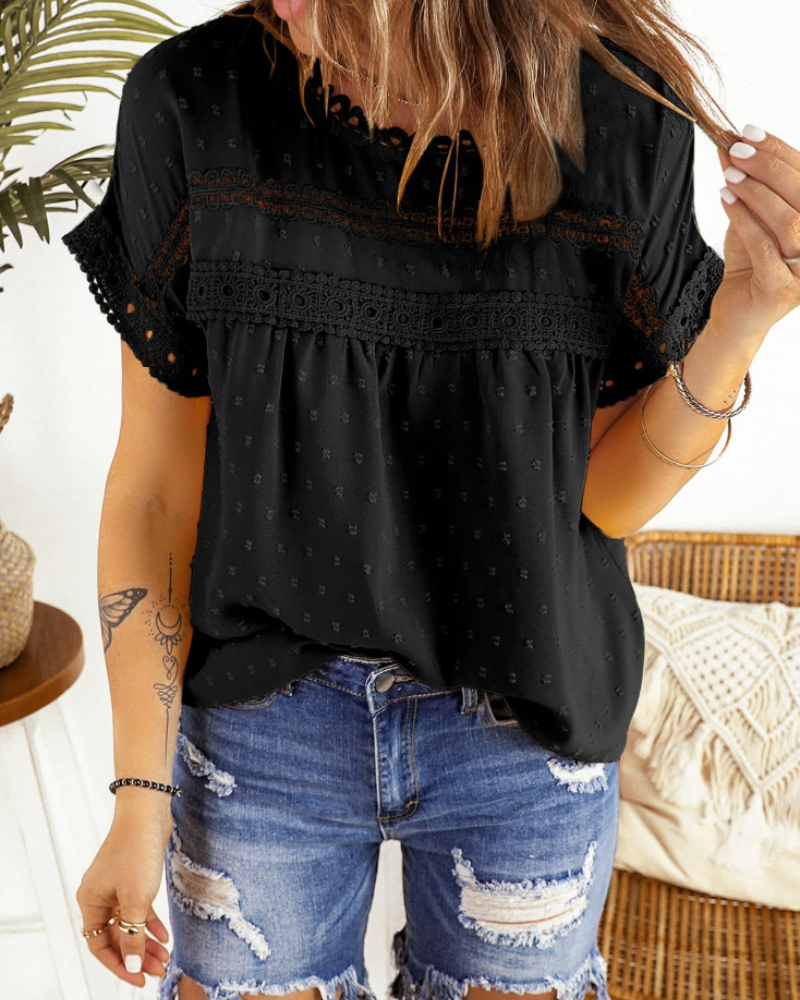 Chloe Blouse Femme Été – Dentelle Col Rond Coupe Ample Élégante