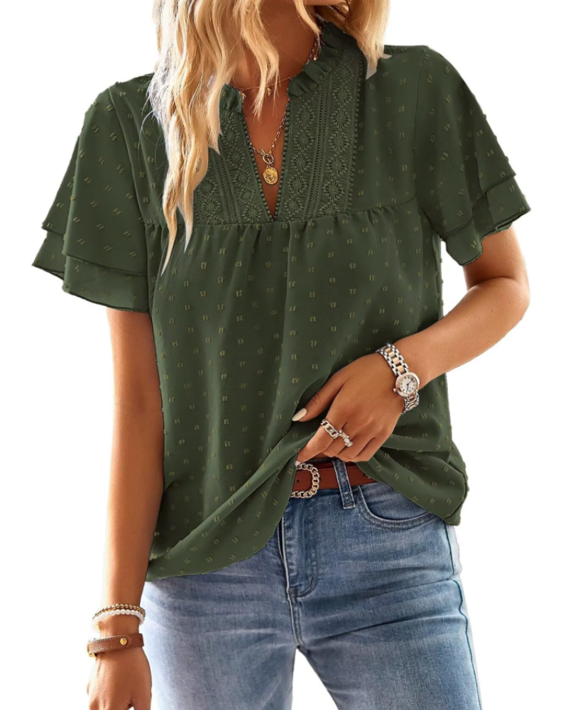 Maya T-Shirt Femme Été – Col V Dentelle Crochet Manches Courtes