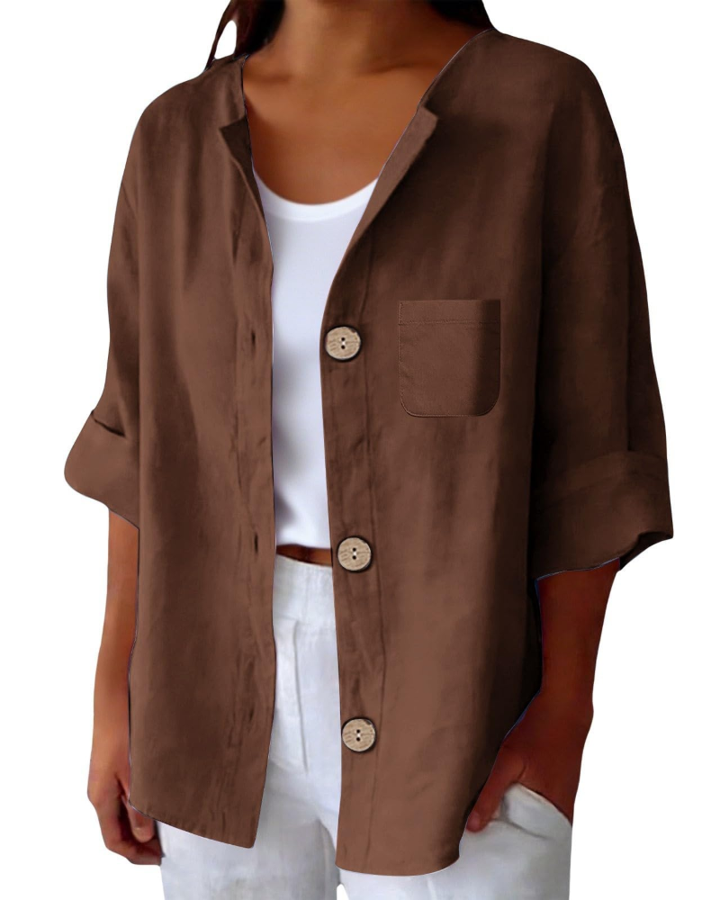Claire Blouse Femme – Lin Col Rond Manches 3/4 Boutonnée & Poche